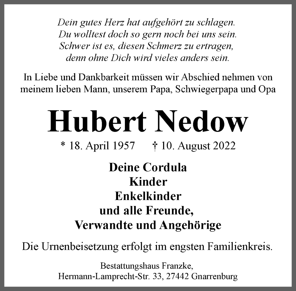  Traueranzeige für Hubert Nedow vom 13.08.2022 aus Trauer.de