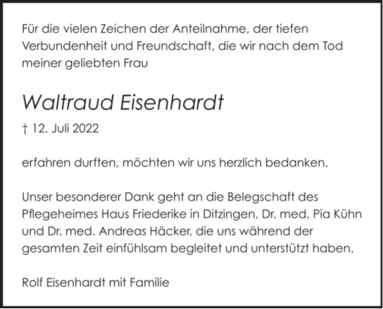 Todesanzeige von Waltraud Eisenhardt von Trauer.de