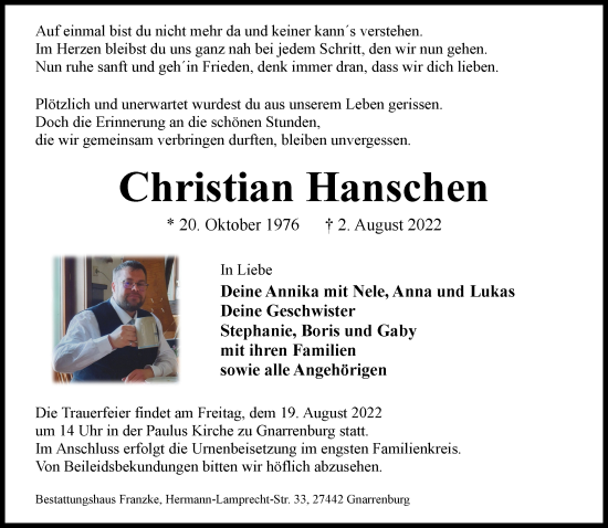 Todesanzeige von Christian Hanschen von trauer.de