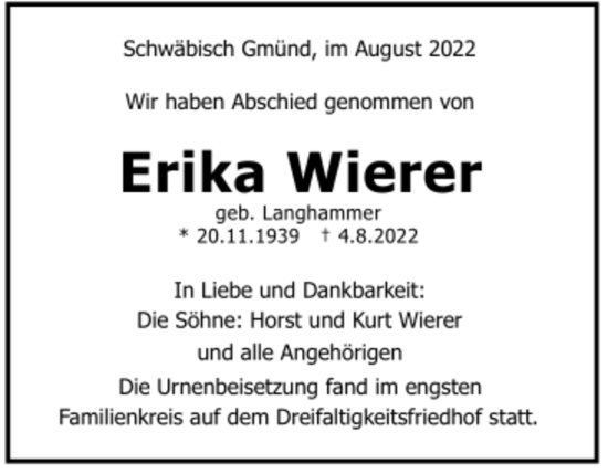 Todesanzeige von Erika Wierer von Trauer.de