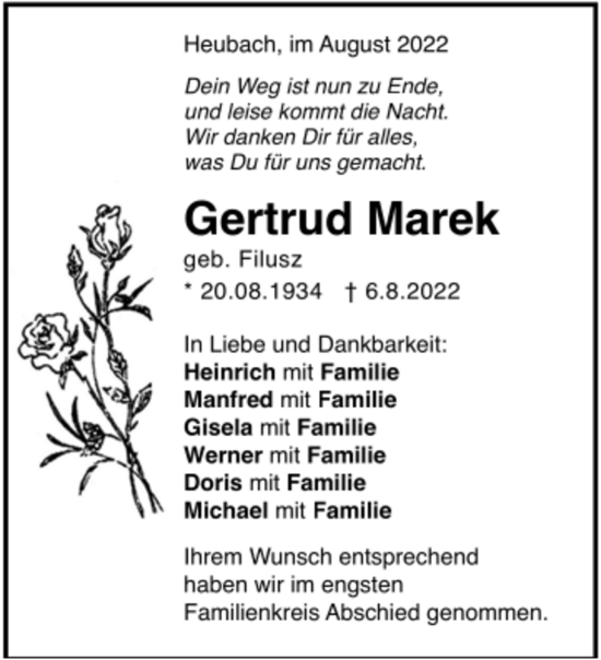 Todesanzeige von Gertrud Marek von trauer.de