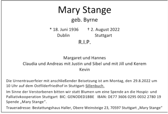 Todesanzeige von Mary Stange von Trauer.de