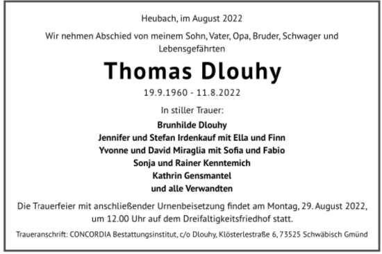 Todesanzeige von Thomas Dlouhy von trauer.de