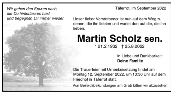 Todesanzeige von Martin Scholz sen. von trauer.de