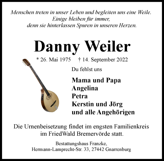 Todesanzeige von Danny Weiler von Trauer.de