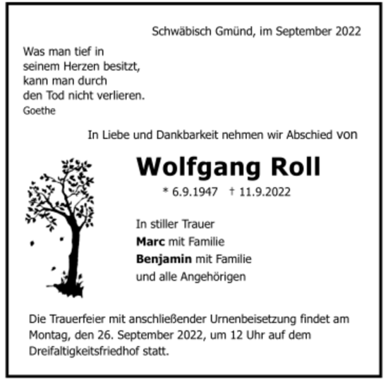Todesanzeige von Wolfgang Roll von Trauer.de