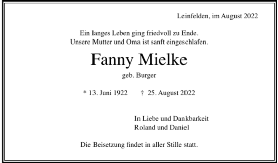Todesanzeige von Fanny Mielke von Trauer.de