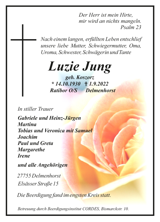 Todesanzeige von Luzie Jung von Trauer.de