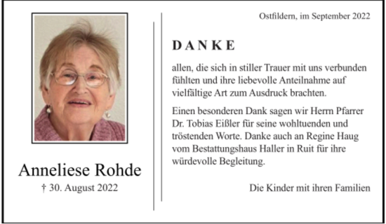 Todesanzeige von Anneliese Rohde von trauer.de