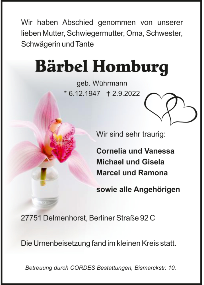  Traueranzeige für Bärbel Homburg vom 24.09.2022 aus Trauer.de