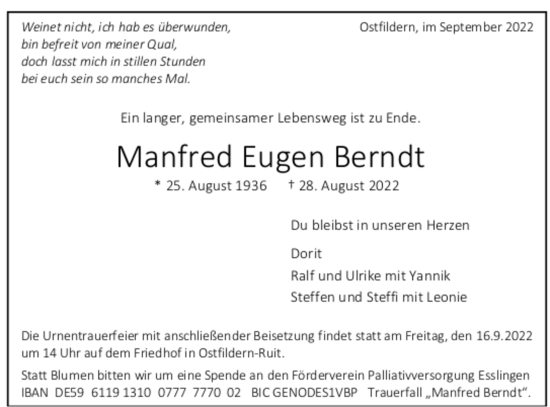 Todesanzeige von Manfred Eugen Berndt von trauer.de