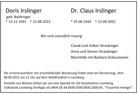 Todesanzeige von Doris und Claus Irslinger von Trauer.de