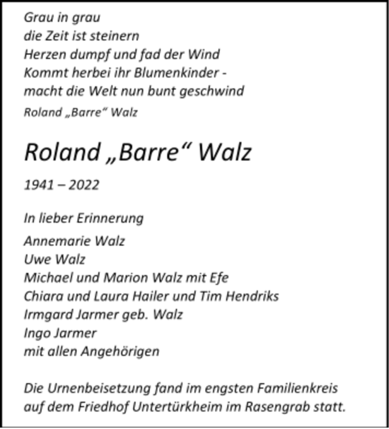 Todesanzeige von Roland Walz von Trauer.de