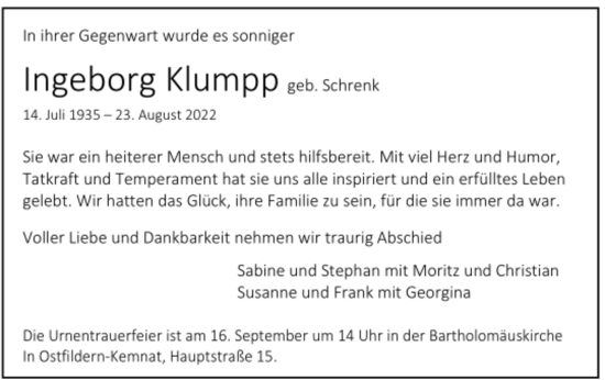 Todesanzeige von Ingeborg Klumpp von Trauer.de