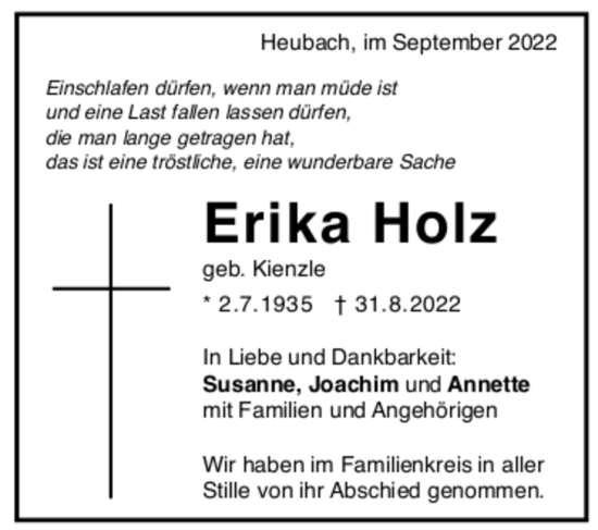 Todesanzeige von Erika Holz von trauer.de