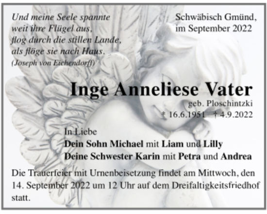 Todesanzeige von Inge Anneliese Vater von Trauer.de