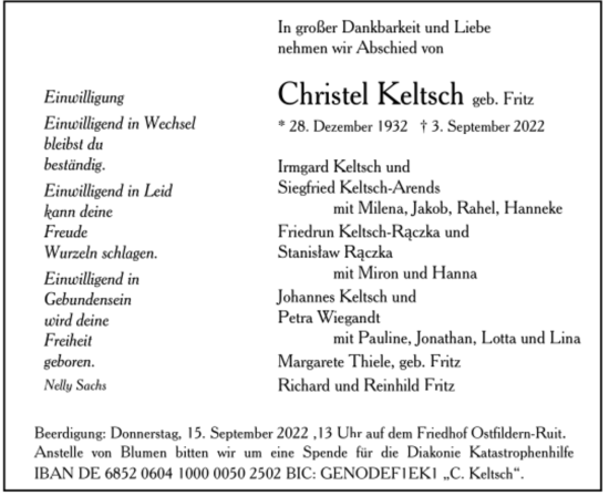 Todesanzeige von Christel Keltsch von Trauer.de