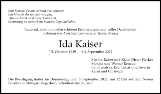 Todesanzeige von Ida Kaiser von Trauer.de