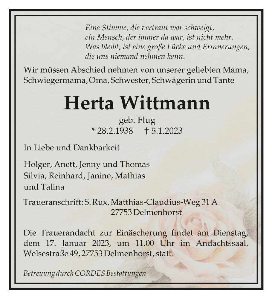  Traueranzeige für Herta Wittmann vom 14.01.2023 aus trauer.de