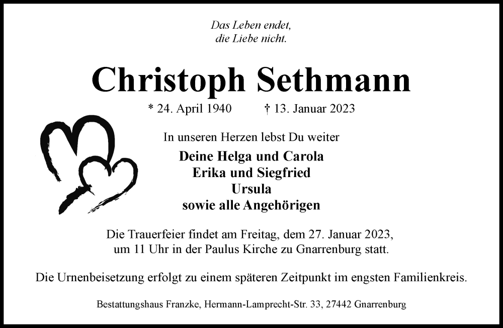  Traueranzeige für Christoph Sethmann vom 21.01.2023 aus trauer.de