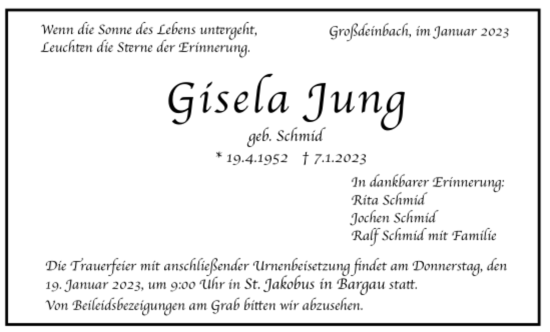 Todesanzeige von Gisela Jung von trauer.de