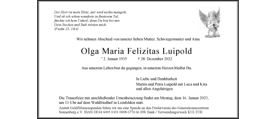 Todesanzeige von Olga Maria Felizitas Luipold von trauer.de