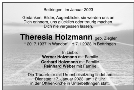 Todesanzeige von Theresia Holzmann von trauer.de