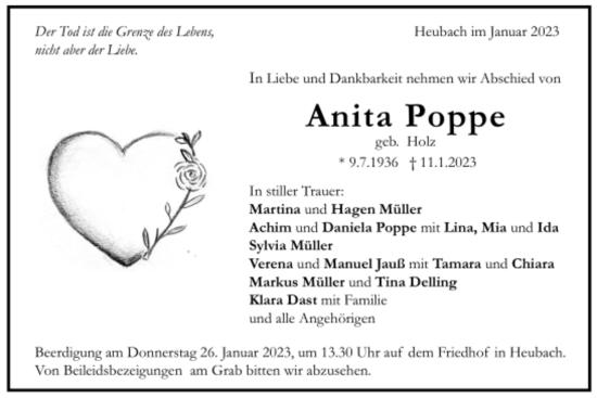 Todesanzeige von Anita Poppe von trauer.de