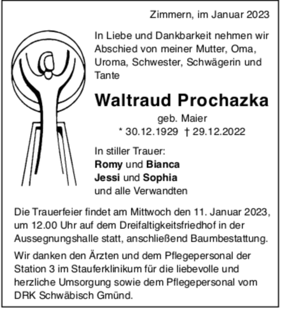 Todesanzeige von Waltraud Prochazka von trauer.de