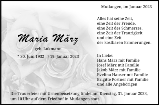 Todesanzeige von Maria März von Trauer.de