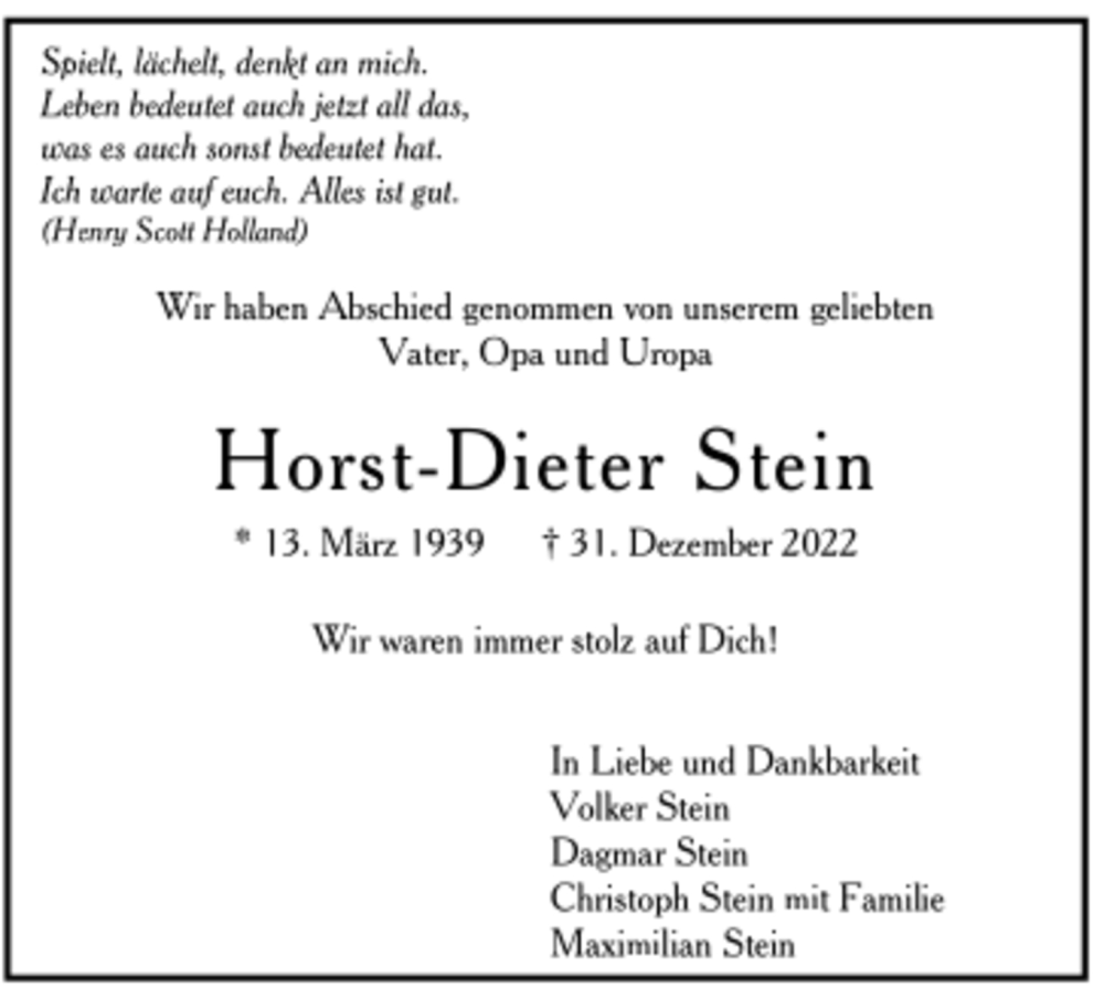  Traueranzeige für Horst-Dieter Stein vom 14.01.2023 aus trauer.de