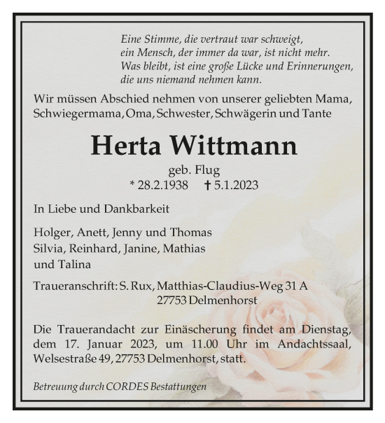 Todesanzeige von Herta Wittmann von trauer.de