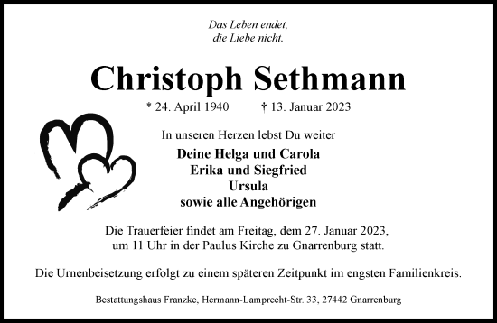 Todesanzeige von Christoph Sethmann von trauer.de