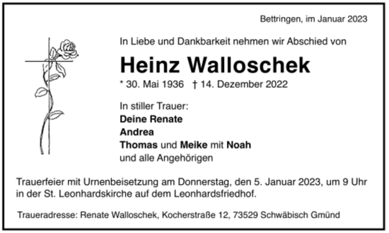 Todesanzeige von Heinz Walloschek von trauer.de