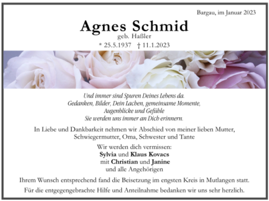 Todesanzeige von Agnes Schmid von trauer.de