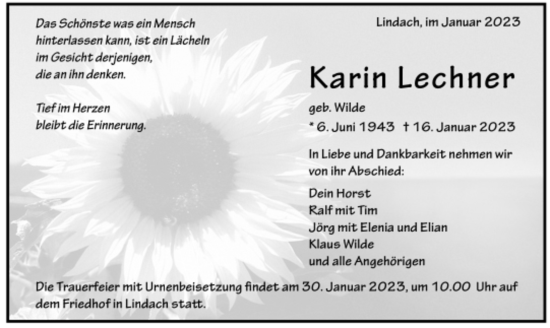 Todesanzeige von Karin Lechner von trauer.de