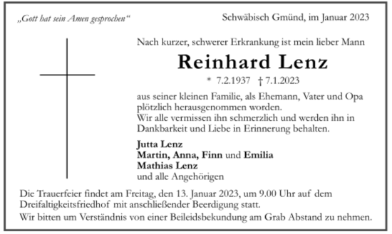 Todesanzeige von Reinhard Lenz von trauer.de