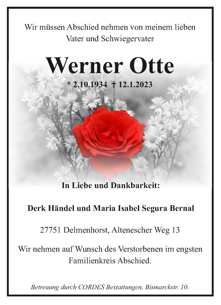  Traueranzeige für Werner Otte vom 16.01.2023 aus trauer.de