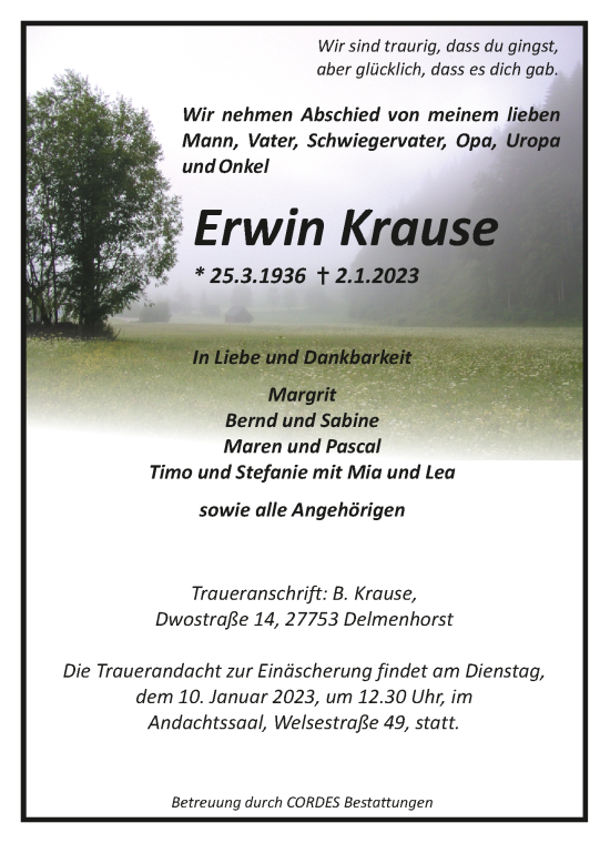 Todesanzeige von Erwin Krause von trauer.de