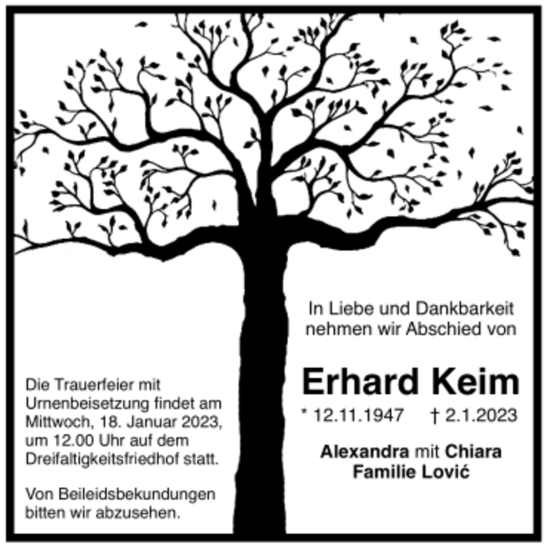 Todesanzeige von Erhard Keim von trauer.de