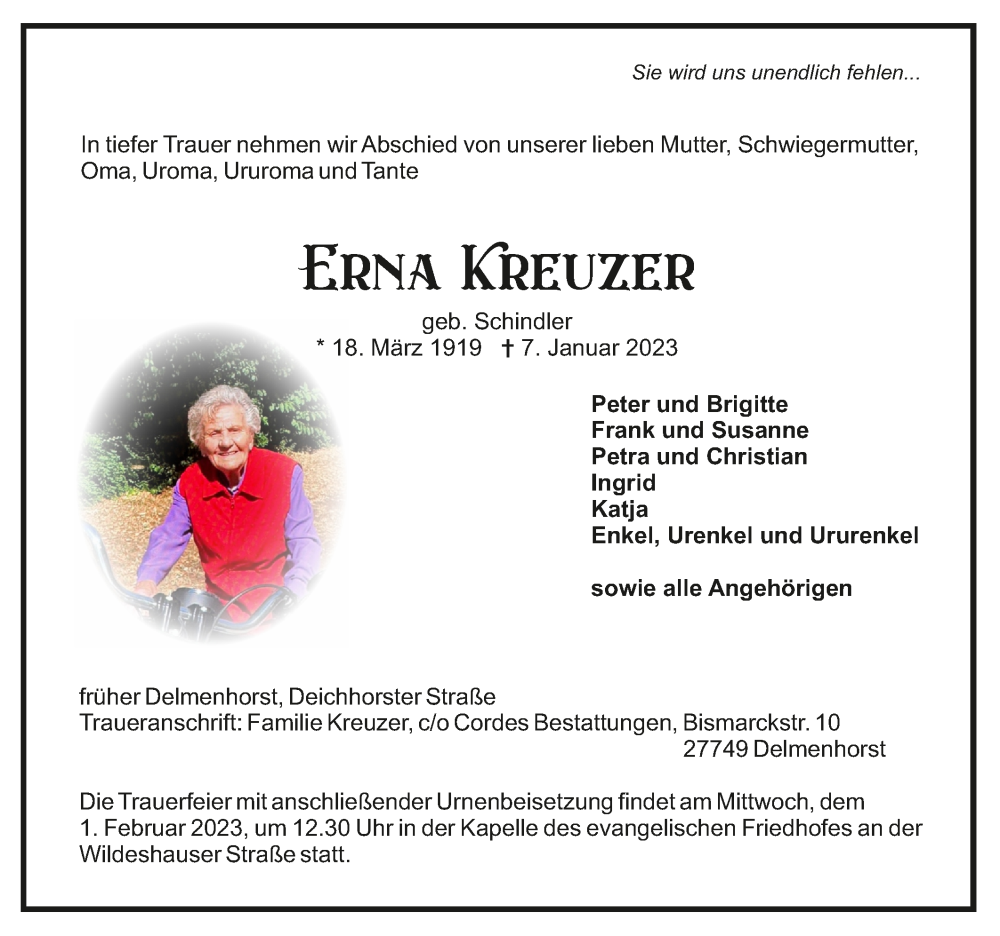  Traueranzeige für Erna Kreuzer vom 28.01.2023 aus Trauer.de