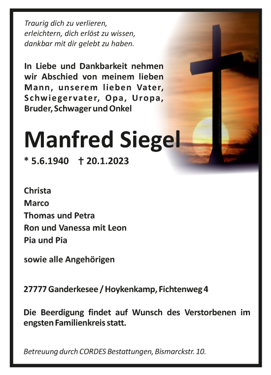 Todesanzeige von Manfred Siegel von trauer.de