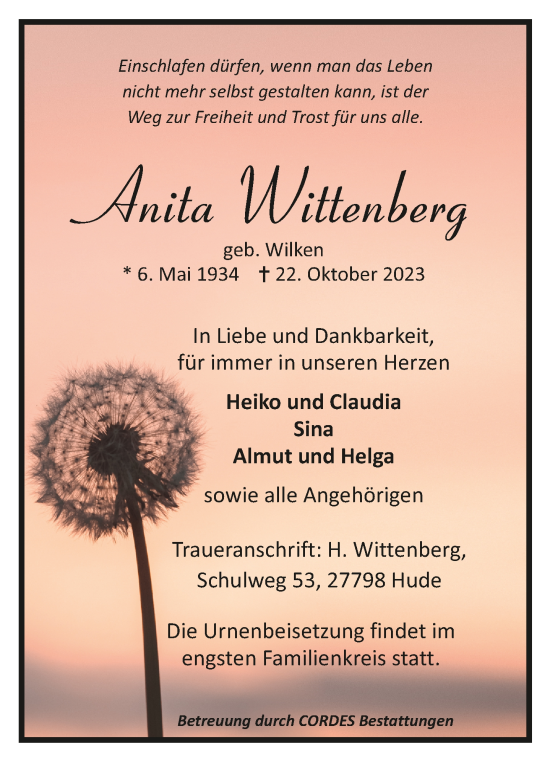 Todesanzeige von Anita Wittenberg von trauer.de