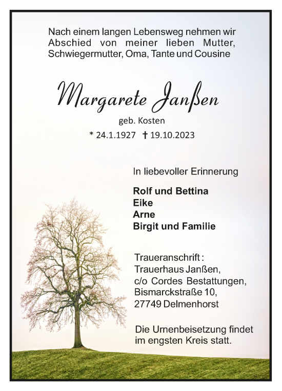 Todesanzeige von Margarete Janßen von trauer.de