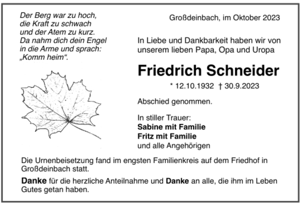  Traueranzeige für Friedrich Schneider vom 19.10.2023 aus trauer.de