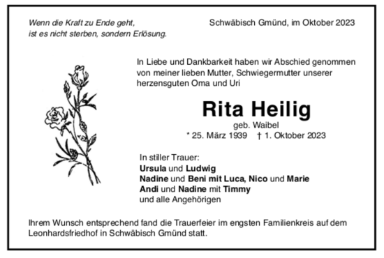 Todesanzeige von Rita Heilig von Trauer.de