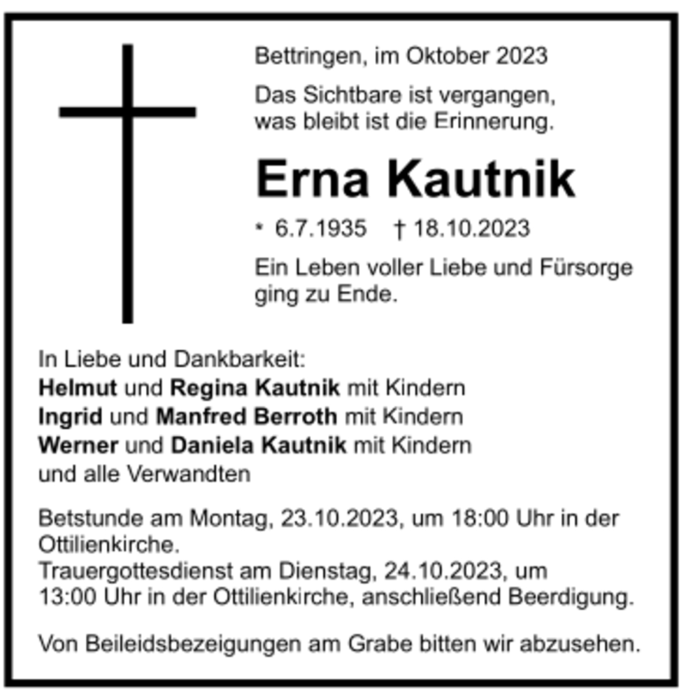  Traueranzeige für Erna Kautnik vom 21.10.2023 aus trauer.de