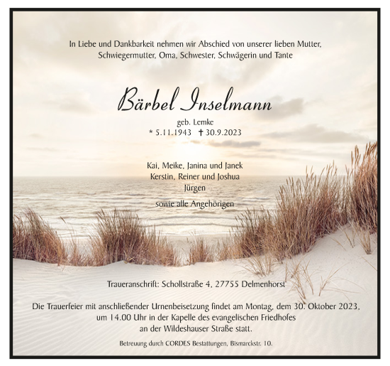 Todesanzeige von Bärbel Inselmann von trauer.de