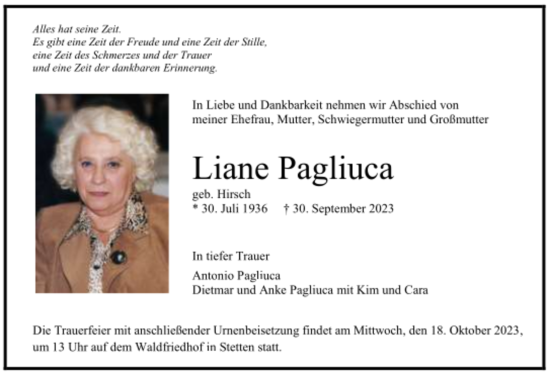 Todesanzeige von Liane Pagliuca von trauer.de