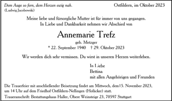 Todesanzeige von Annemarie Trefz von Trauer.de